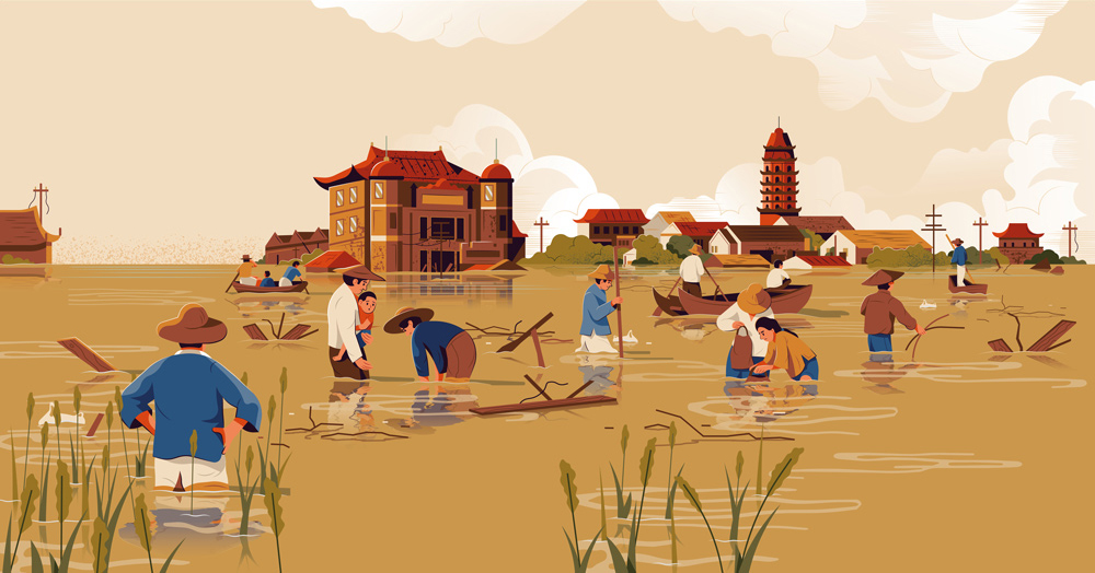 people in flood in front of asian landscape 