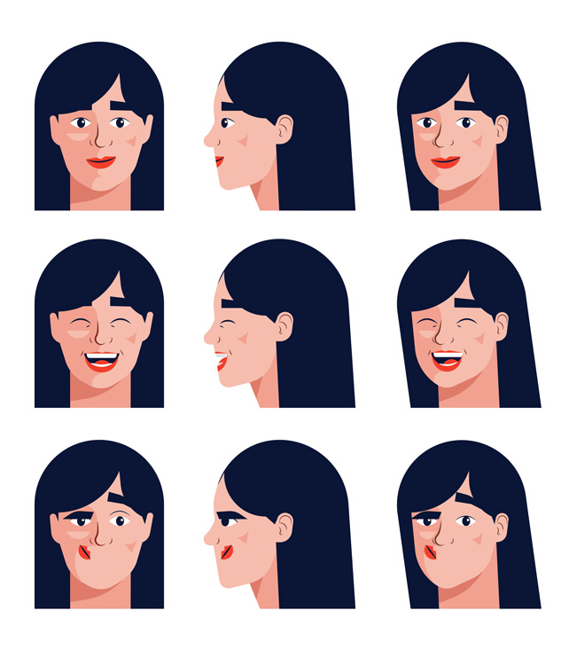 9 faces of a woman with different expressions 