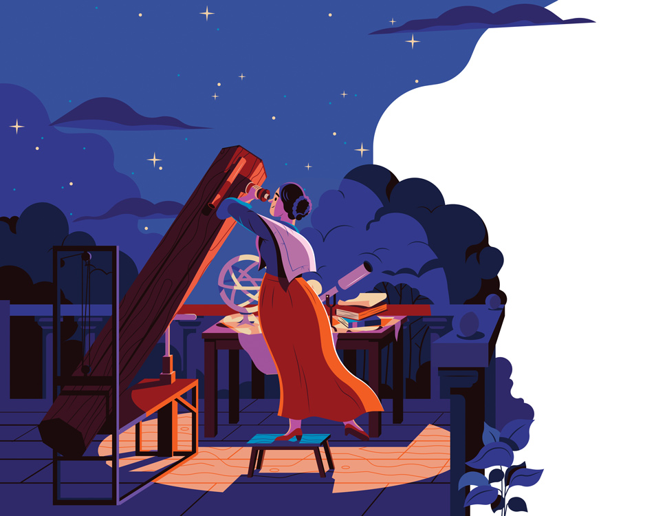 Caroline Herschel looking into a historic telescope into the starry sky 