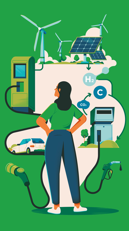 woman looking at an electronic car, wind wheel, solar panels, petrol station