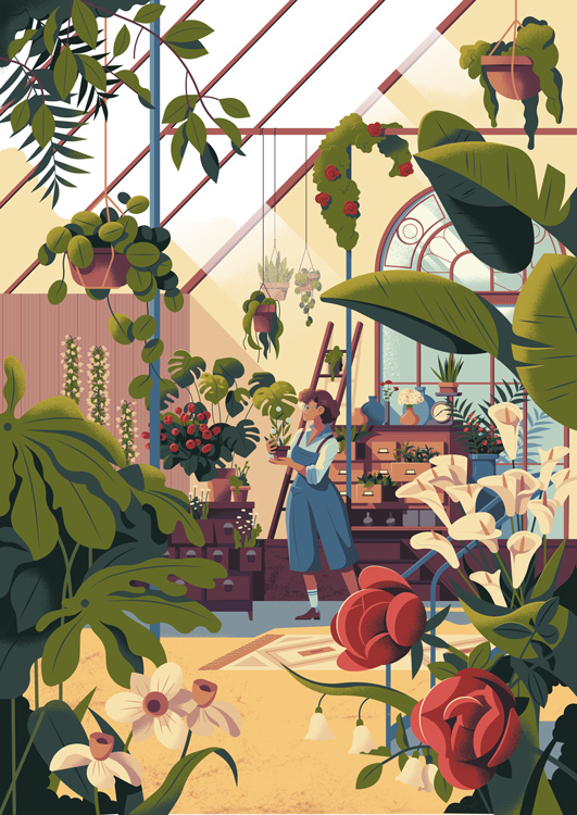 woman with plants in the greenhouse in vintage colors