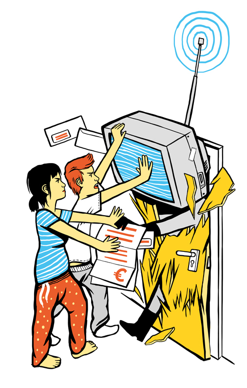 a young couple is surprised by a TV which breaks throug the door