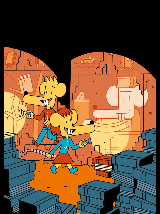 two comic mouses in a library by night 