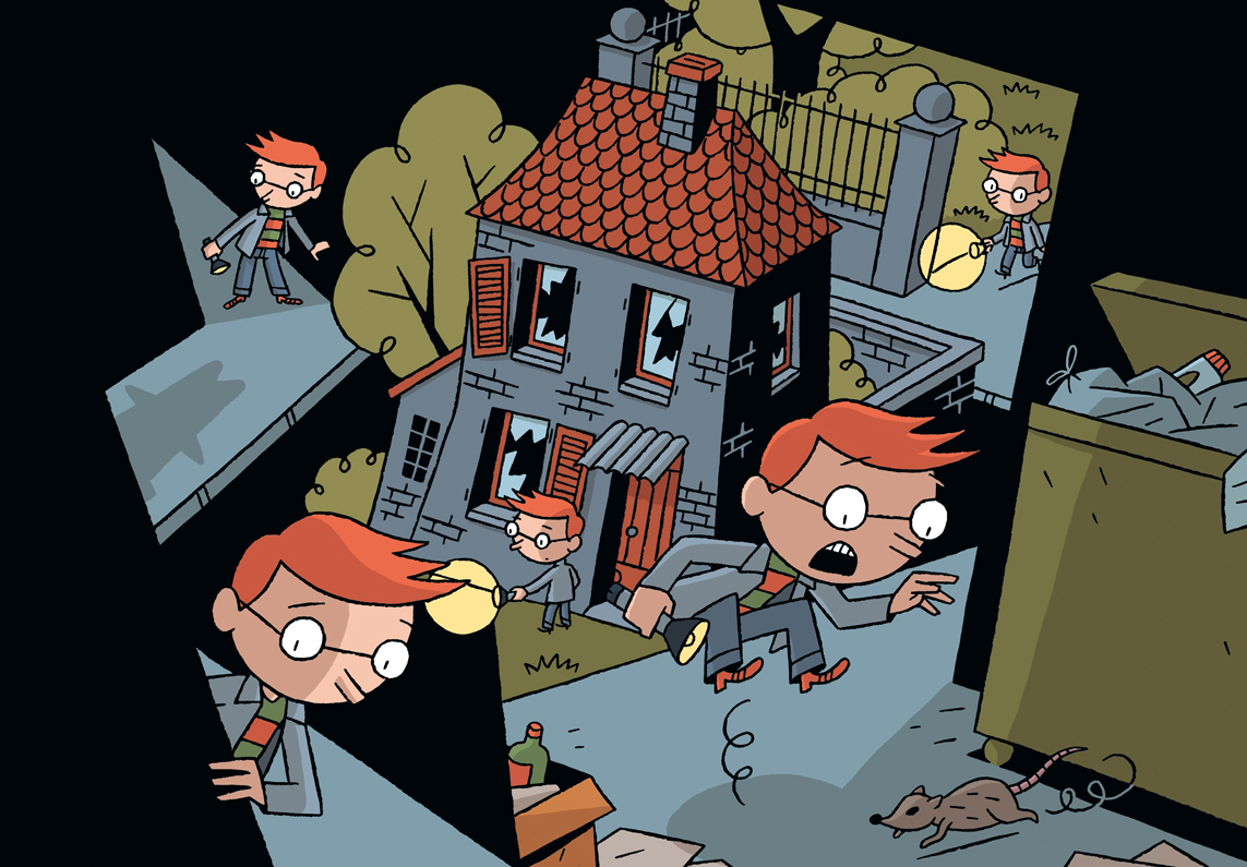 a boy investigating a house in the dark