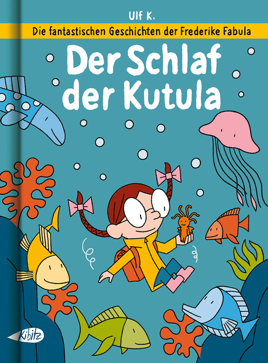 schoolgirl with sea creatures under water 