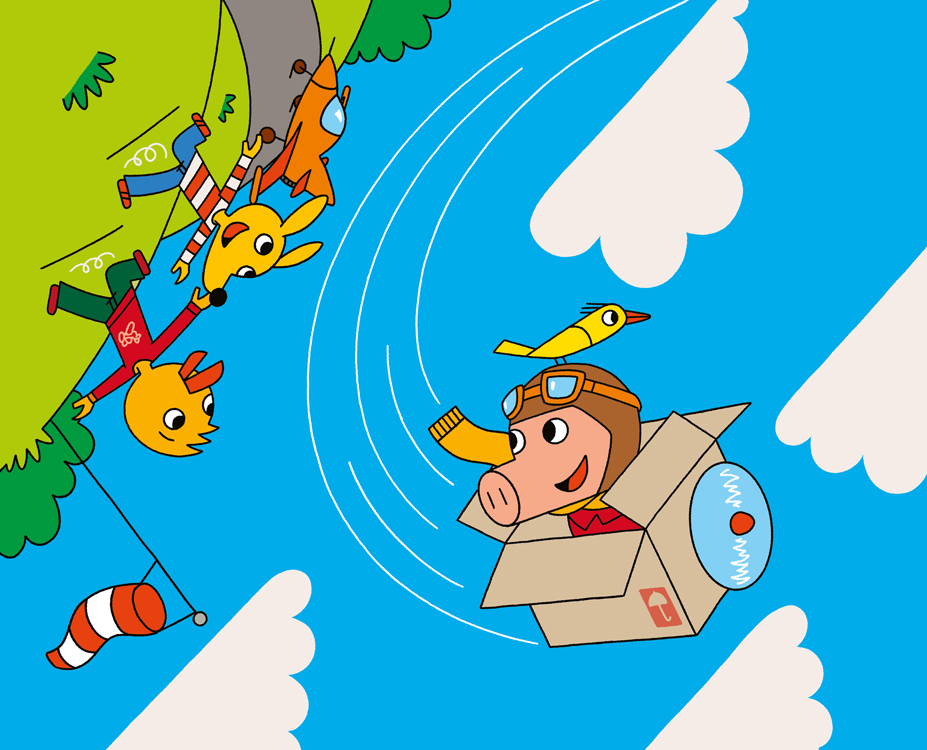 a flying pig sitting in a box with animal children running on the ground 