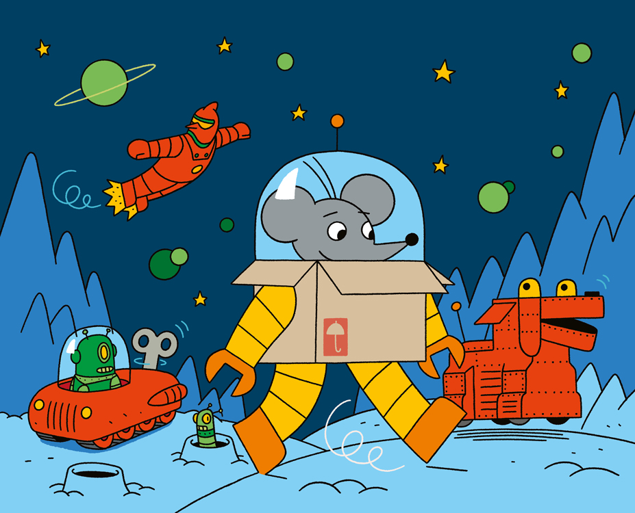 drawing of a mouse in a roboter suit on another planet