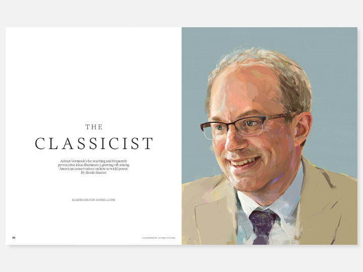 magazine layout with the portrait of Adrian Vermuele 