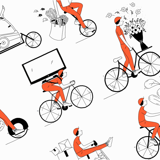 collage of people on bikes delifering items 