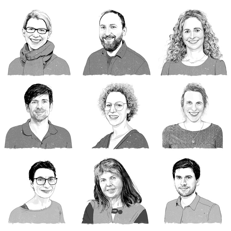 9 drawn portraits of men and woman