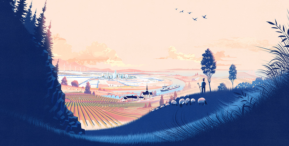 a shepherd with a view on a town in a beautiful landscape