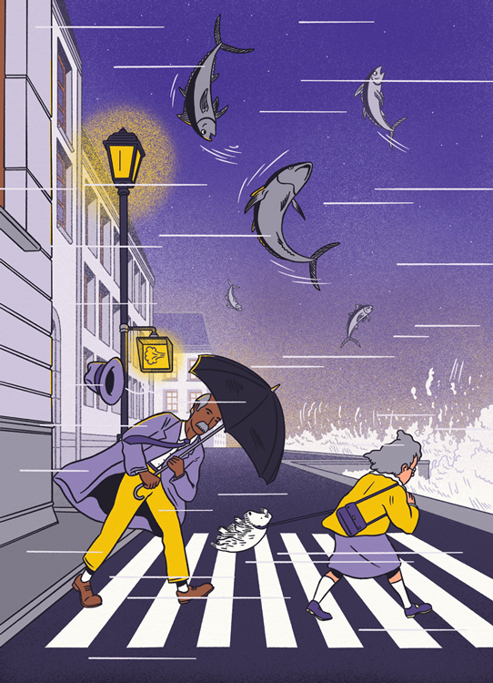 two people in front of a building in a storm with flying fishes