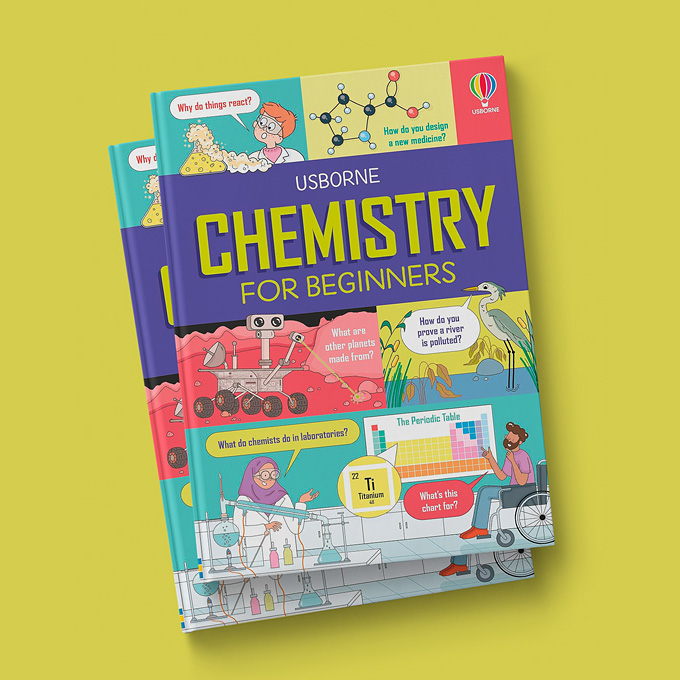book cover with chemist in lab, robot and heron bird 