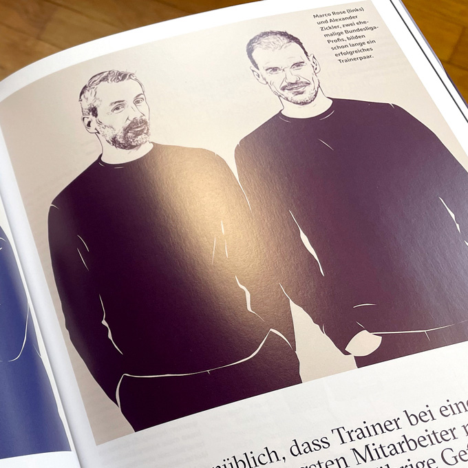 photo of the magazine of German football league with doublportraits of trainers Urs Fischer and Markus Hoffmann and Marco Rose and Alexander Zickler 