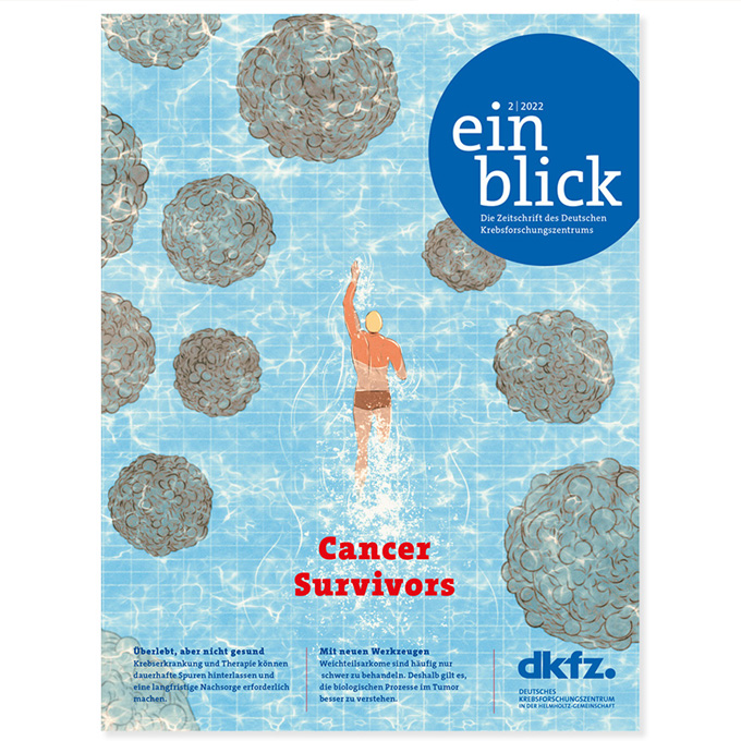 swimmer in a pool from above with cancer cells around him 