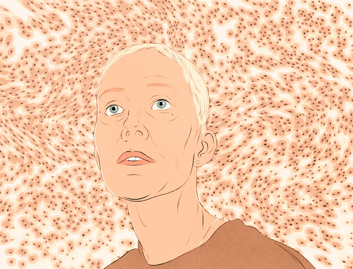 face of a woman with a pattern of cells behind her 