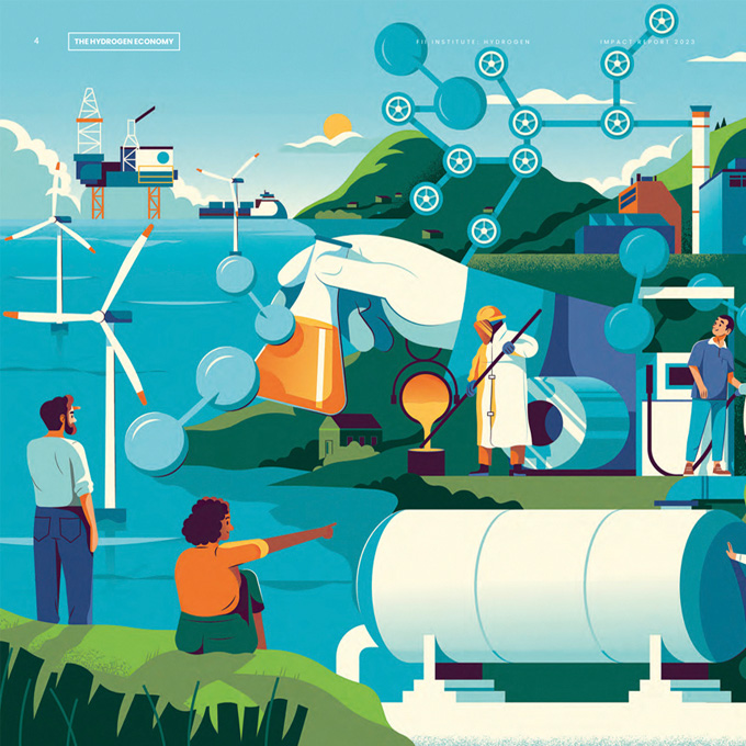 collage of car, wind power and hydrogen symbols on cover page 