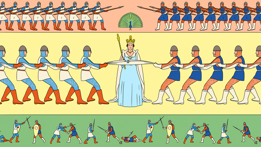 queen standing in the middle of people pulling on a cloth 