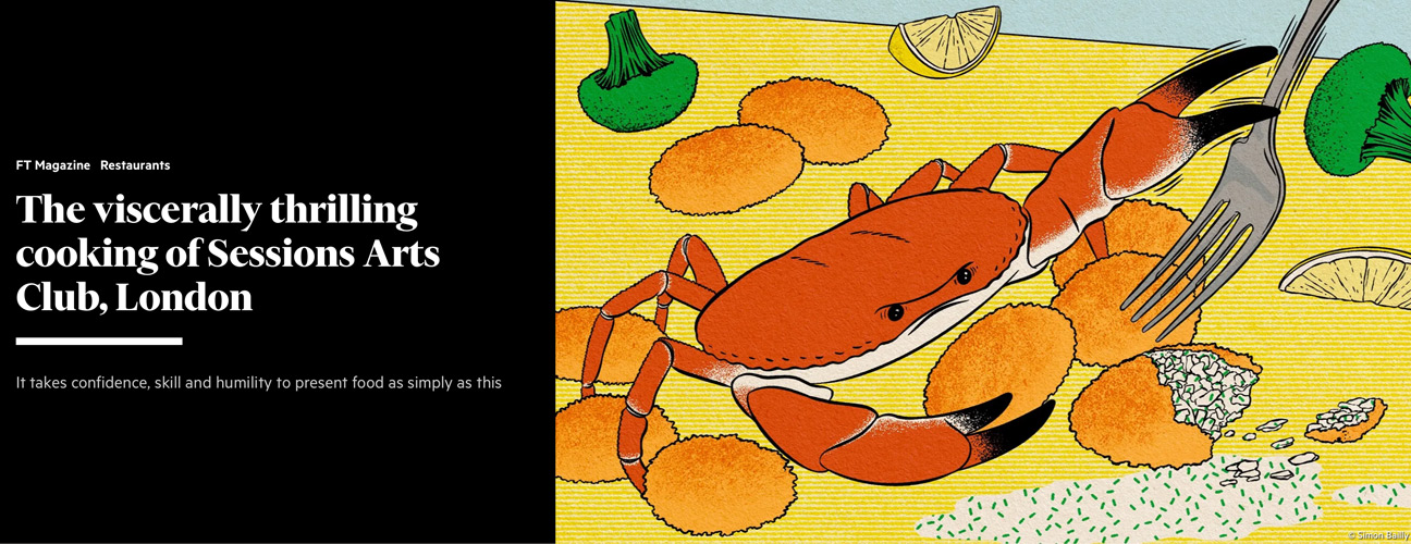 a crab fights against a fork for the croquettes