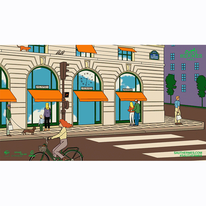 horses jumping over typography saut Hermes on the street