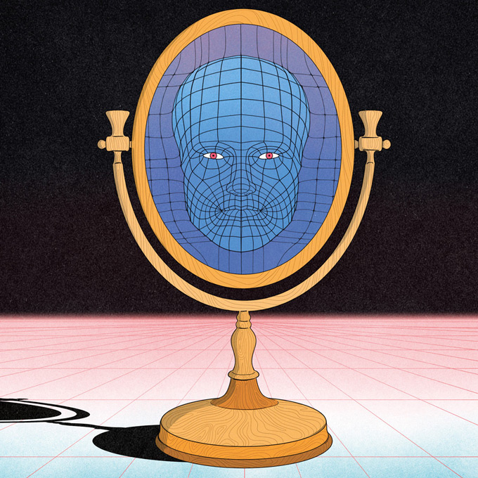 mirror showing a grid face