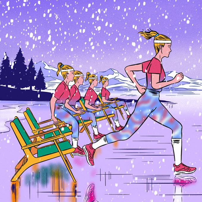 Illustration of a woman in running clothes starting to run in a snowy landscape