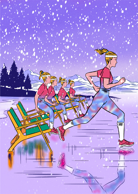 Illustration of a woman in running clothes starting to run in a snowy landscape