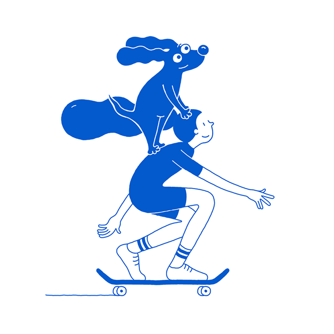 girl and dog on a mono wheel taking pictures with a tablet 