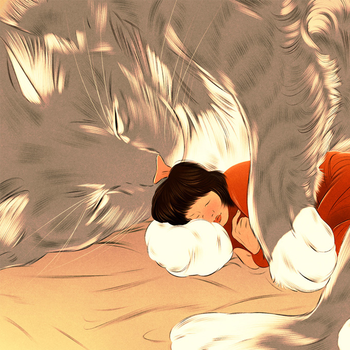 a small girls nestled in a big cat 
