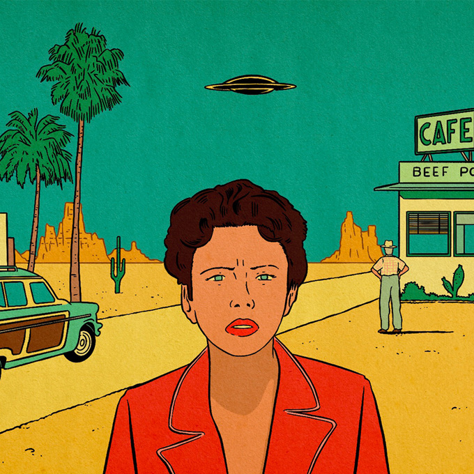 Scarlett Johansson in the film asteroid city standing in the desert 