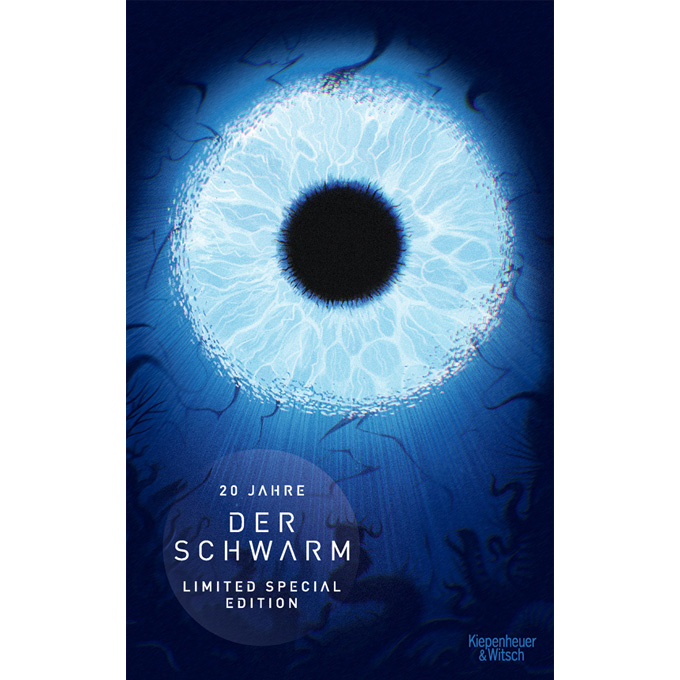 book cover with a big eye and under water scene of the book The Swarm