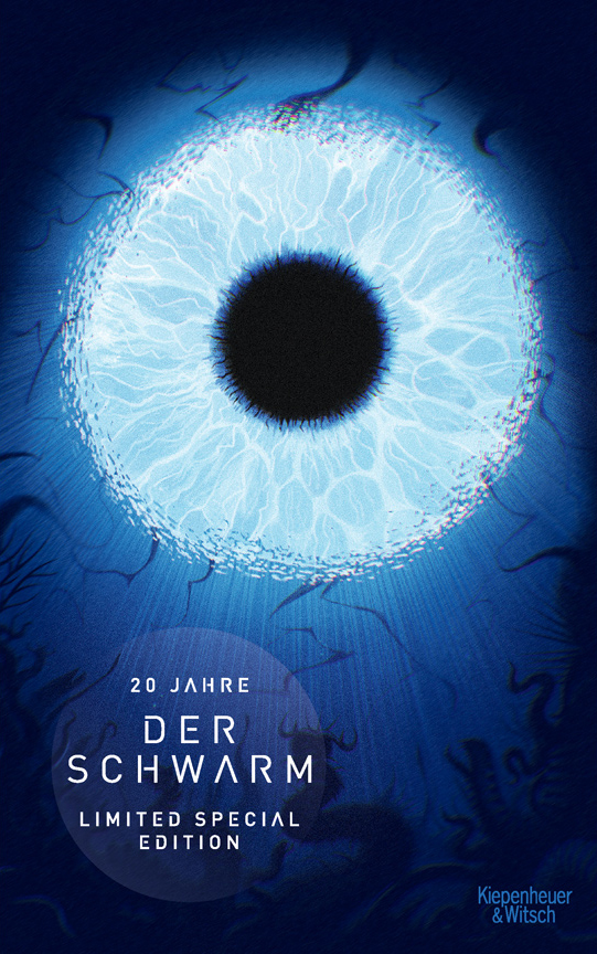 book cover with a big eye and under water scene of the book The Swarm