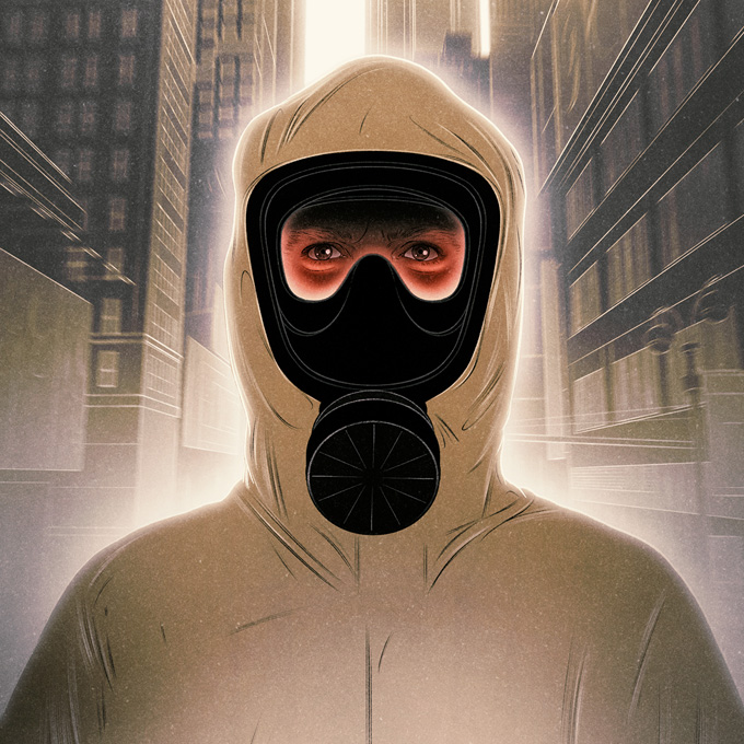 an eye behind a swarm of fishes a man with gas mask in urban atmosphere 