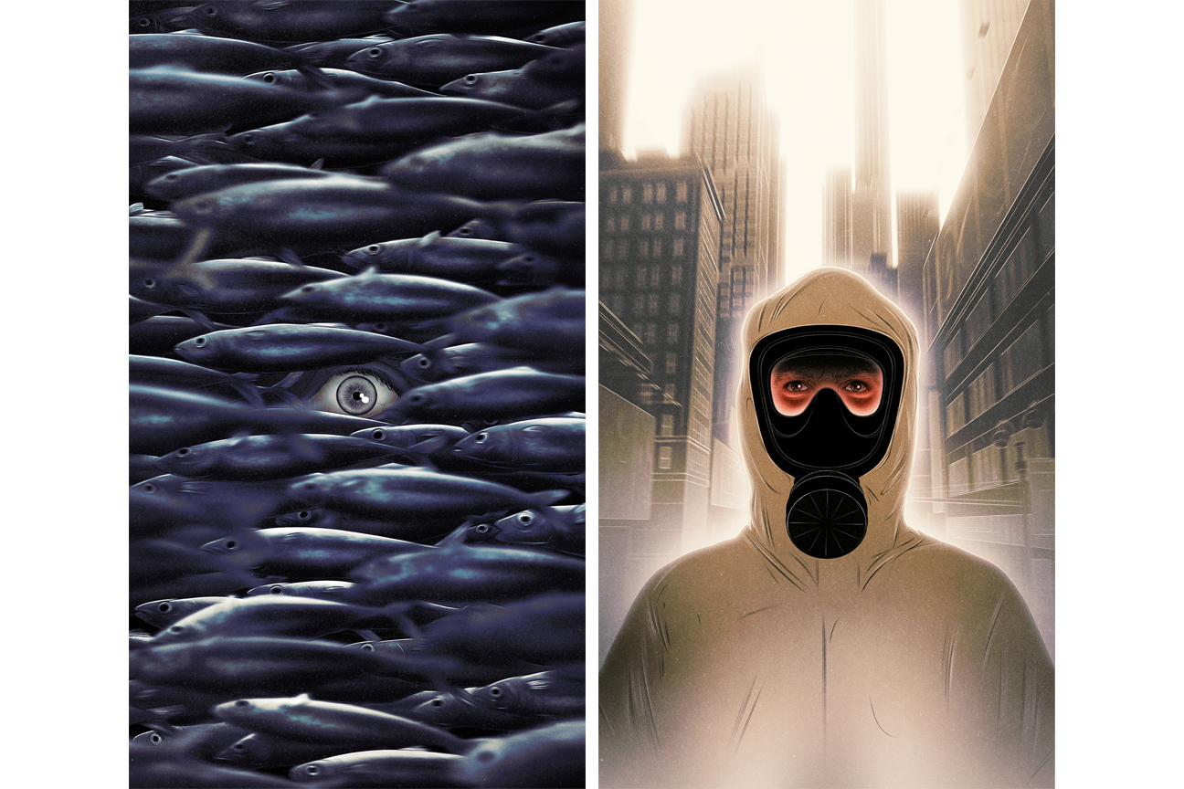 an eye behind a swarm of fishes a man with gas mask in urban atmosphere 