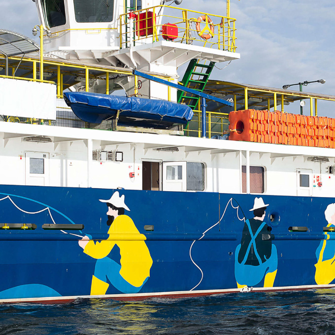 painted men on a ferry