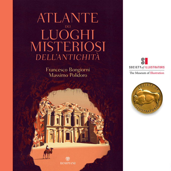 book cover of the atlas about places of the ancient world and a photo of the gold medal by society of illustrators 