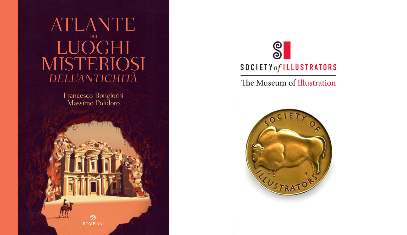 book cover of the atlas about places of the ancient world and a photo of the gold medal by society of illustrators 