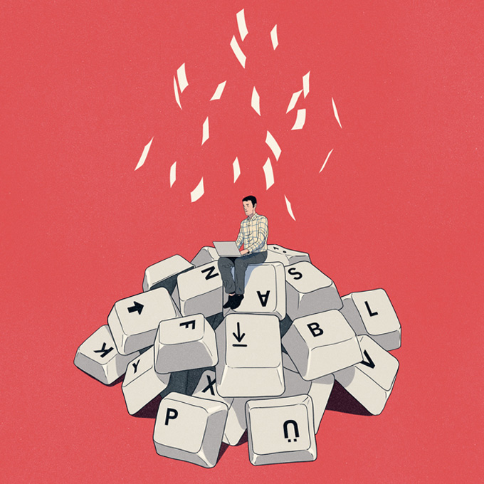 man sitting on huge keys 