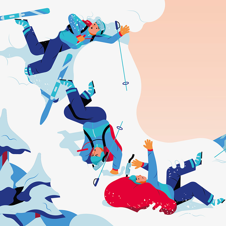 illustrated infographic that shows how an airbag saves a skier in a snow avalanche