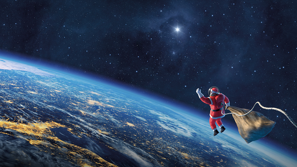 realistic illustration of Santa Claus in Space waving his hand to earth