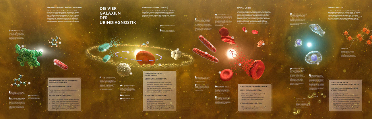 infographic about the diagnostics of urine as a realistic 3d universe 