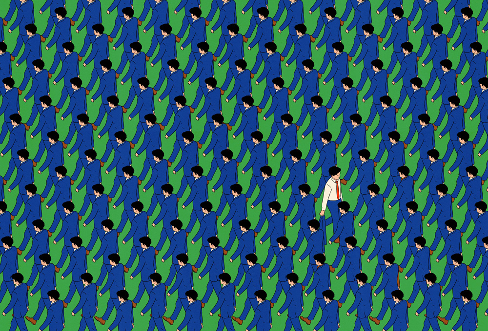 man walking towards others 