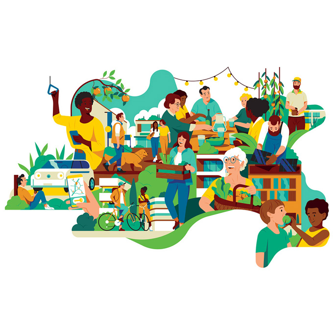 a collage of young and old people in every day situations sitting around a table, eating and riding bikes