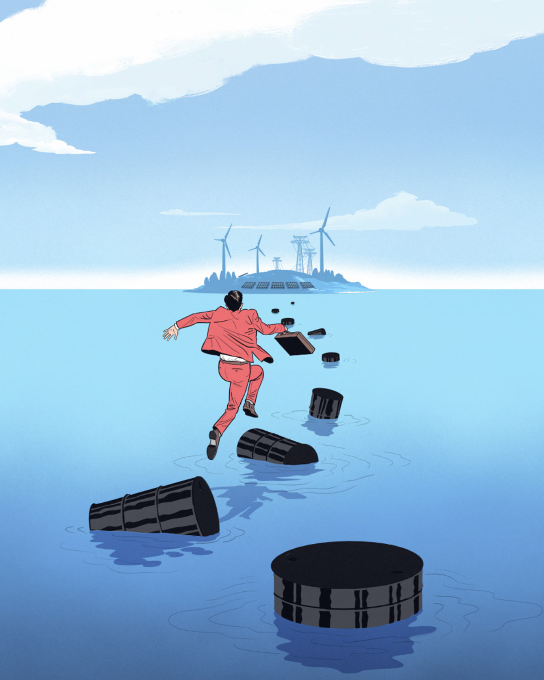 Man jumps from oil barrel to oil barrel to the island of renewable energy. 
