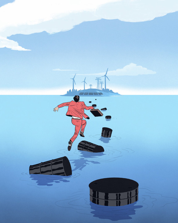 Man jumps from oil barrel to oil barrel to the island of renewable energy. 