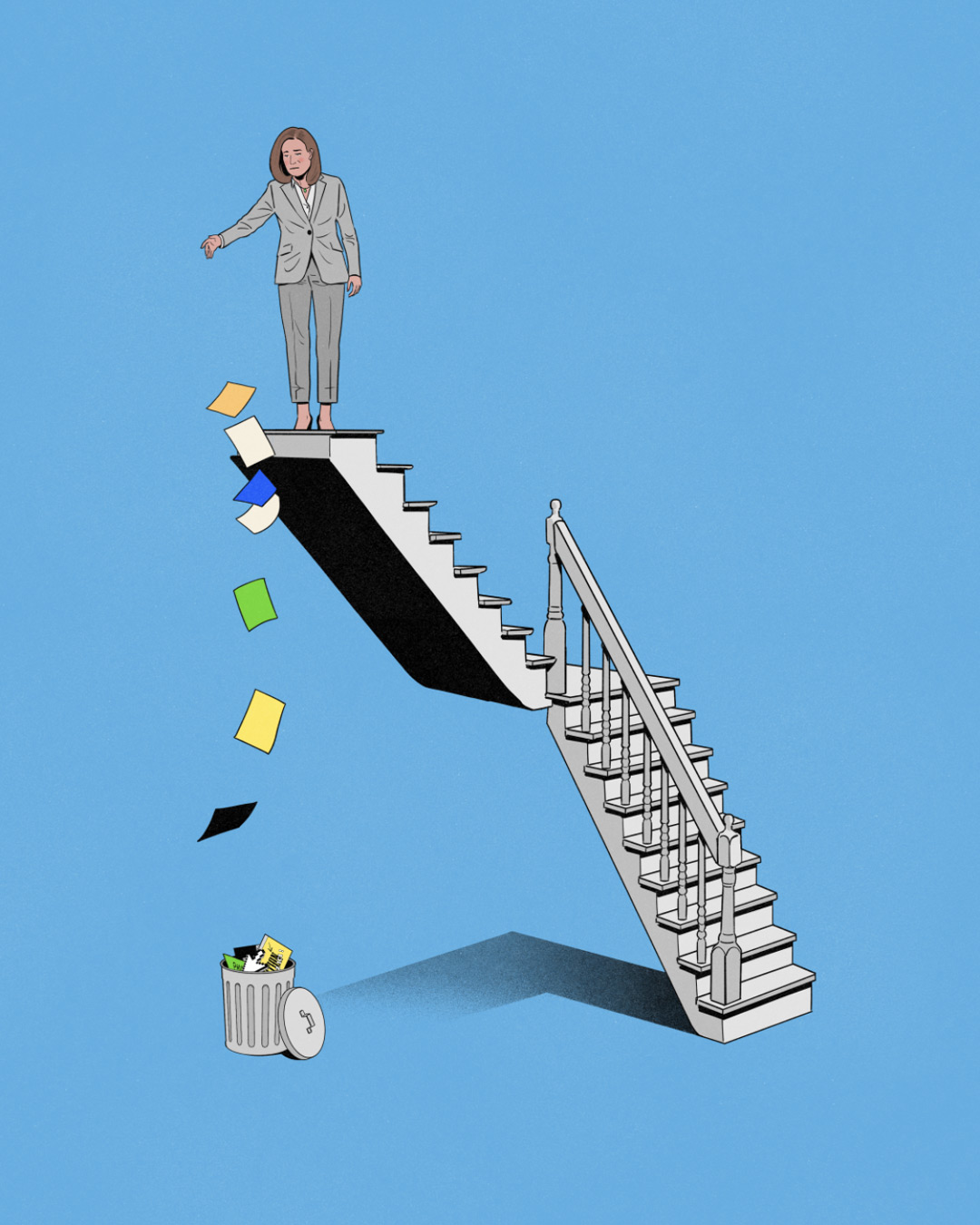 woman stands on the top of stairs throwing down papers