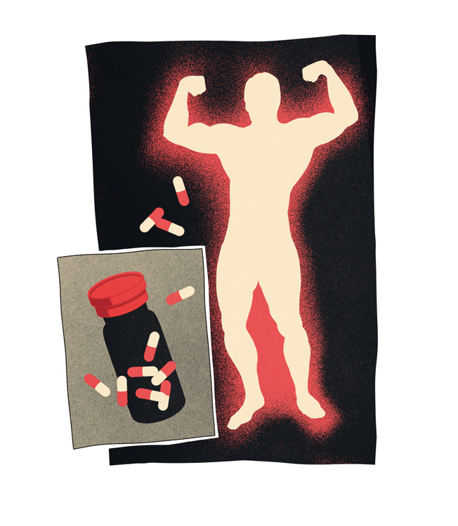 silhouette of bodybuilder with pills