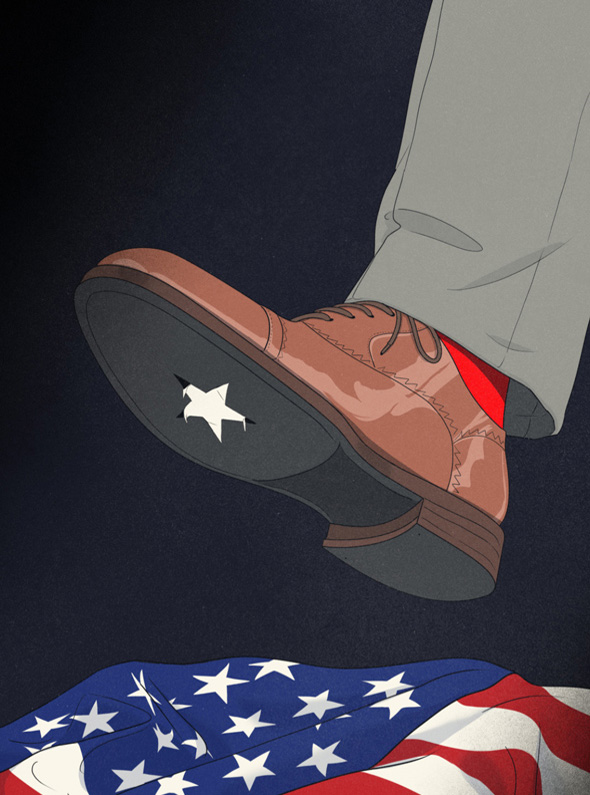 shoe stepping on American flag