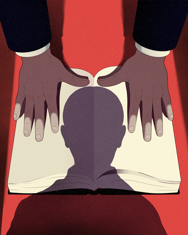 adult hands holding a book, shadow of a child on the pages