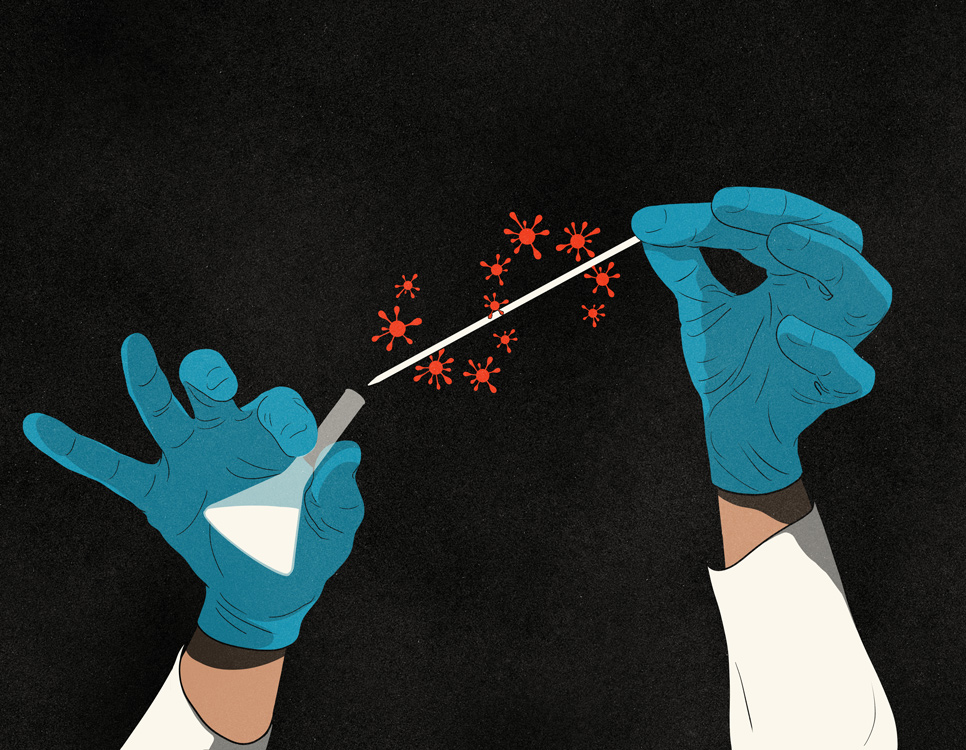 gloved hands with pipette and laboratory glass with flying viruses